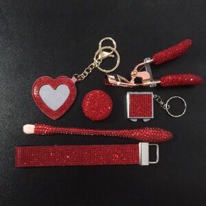 Set of 6 Red Glitter Shiny Rhinestone Decor Bling Makeup Mirror Keychain Set